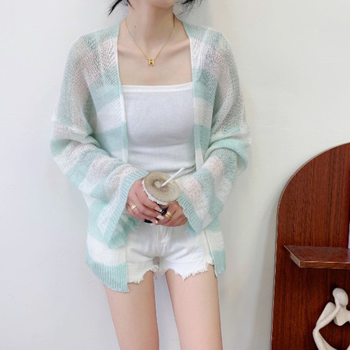 Color-blocked Korean-style cashmere sun-protective long-sleeved loose striped knit cardigan women's top coat