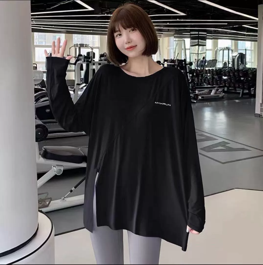 Топ для йоги с длинными рукавами, блузка для бега, быстросохнущая футболка, свободный спортивный топ большого размера с разрезом, Женская Толстая девушка, фитнес