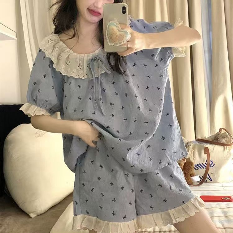 Blue Lace Bow Pajamas Women's Summer Short-Sleeved Shorts Thin Suit Japanese Style Beautiful Girl Home Wear Suit