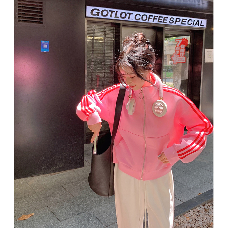 Pink Baseball Suit Coat Women's Spring and Autumn Short Vertical Collar Small Sports Casual Sweater Cardigan