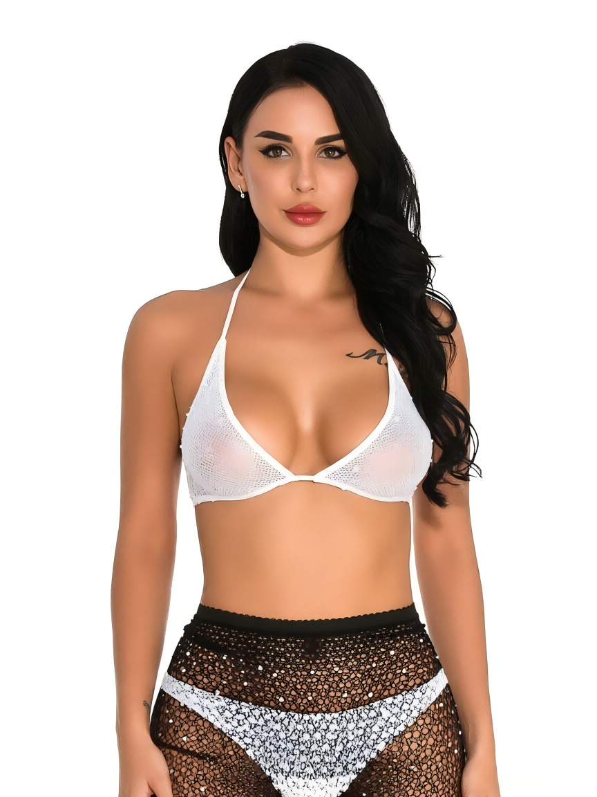 Conjunto de Lencería Body de Malla W48 de Nailon y Spandex con Pedrería para Citas en Pareja