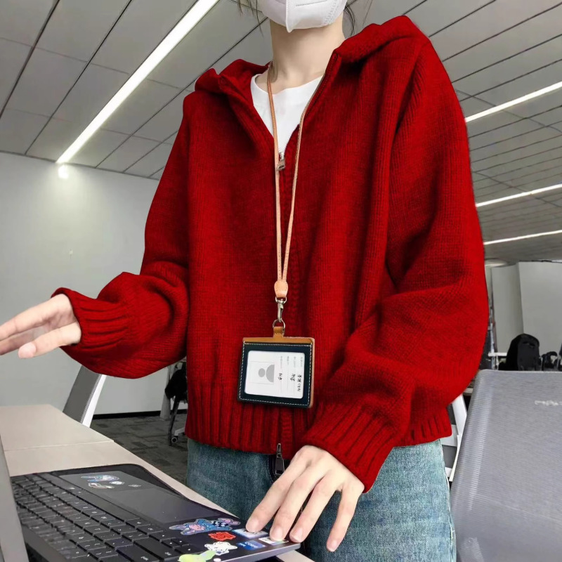 100%羊毛衫女秋冬连帽慵懒宽松双拉链针织衫毛衣外套短款开衫上衣|undefined