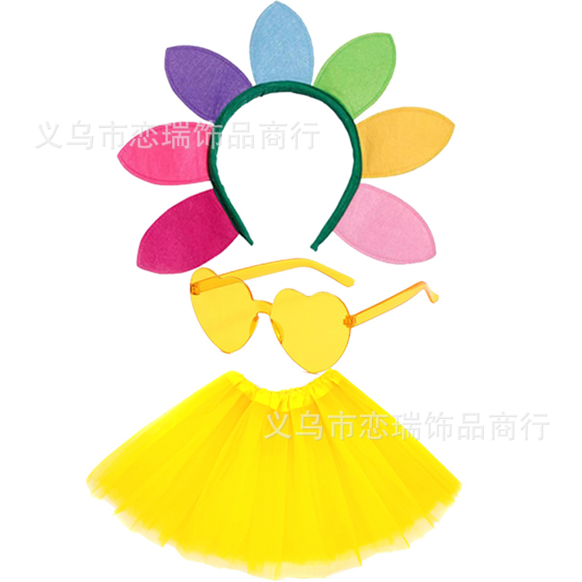 Fiesta de baile Diadema de girasol Color del arco iris Gafas de amor Malla Imagen Falda Pantimedias Combinación Set Spot