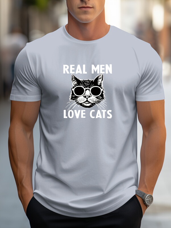 MBDMBD men's fashion red T-shirt with "real men love cats" fashion glasses cat figure