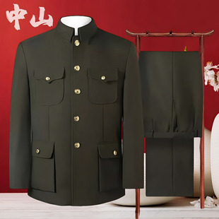 Army Green Men's Suit for Middle-Aged and Elderly, Fleece-Lined Jacket, Traditional Style, Senior's Top, Dad's Military Casual Wear