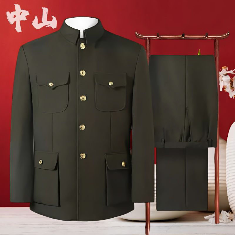 军绿色中山装男套装中老年加绒外套老式中山服老人上衣爸爸军便装