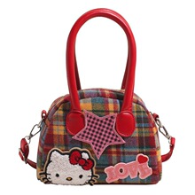 韩版ins格子可爱kitty蝴蝶结星星时尚手提斜挎女包通勤零钱小方包