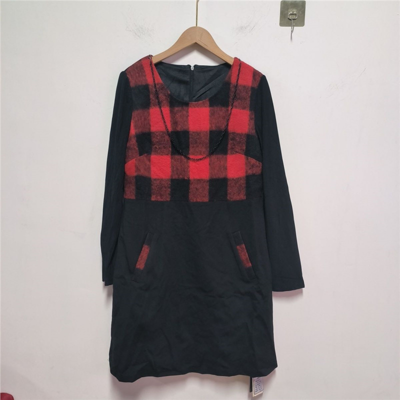 清仓春秋毛呢女装背心长袖女士中长款秋冬格子连衣裙爆款修身显瘦