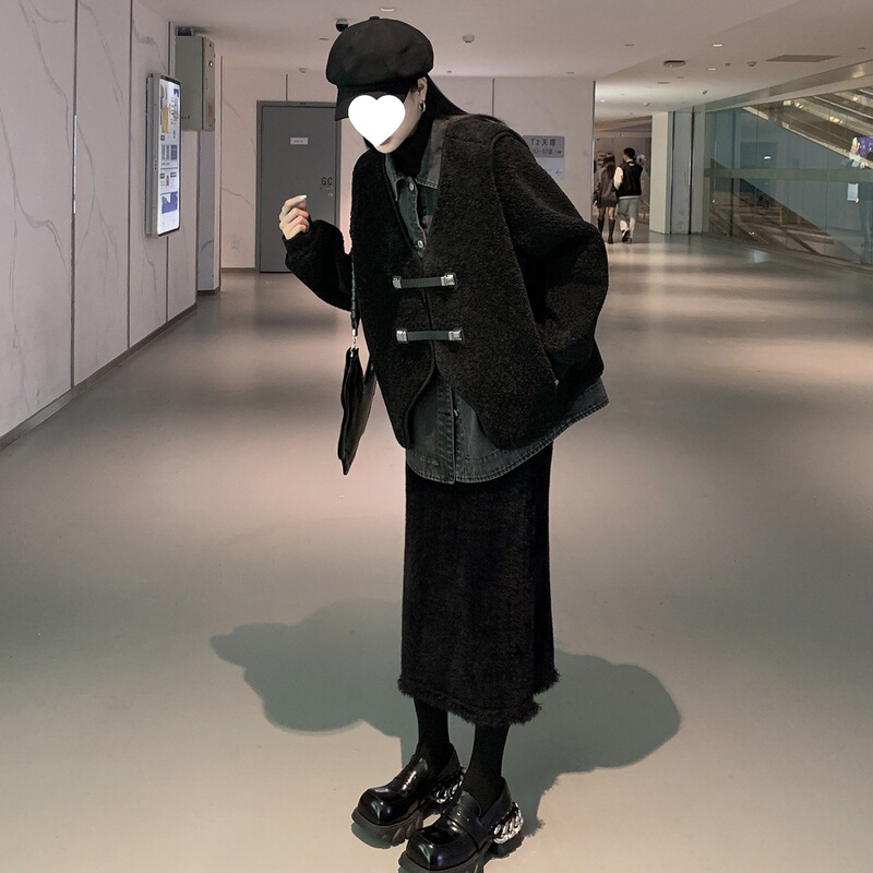 2025秋冬新款设计感宽松羊羔拼袖衬衫外套+仿羊羔马甲两件套套装|undefined