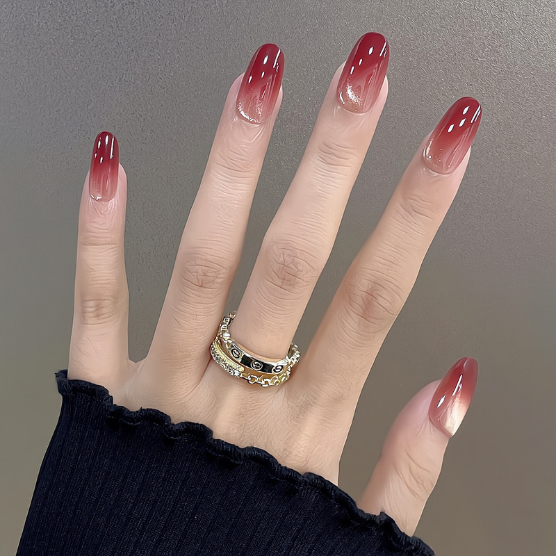 [Ling Luo Original] Watery Pure Desire Red Pomegranate Gradient Whitening Cat Eye Handmade Manicure Wearable Nail Finished Products Wholesale