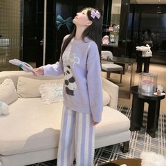 2025秋冬新品女式圆领软绵绵睡衣卡通熊猫家居服半边绒套装韩版