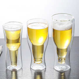 倒置啤酒瓶造型双层玻璃杯创意酒吧啤酒饮料杯家用红酒威士忌酒杯
