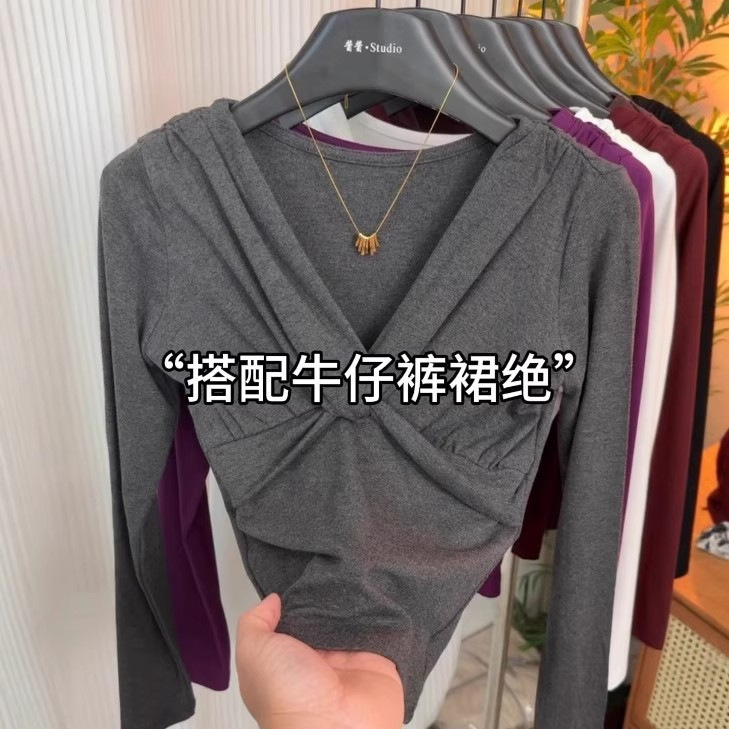 高级感chic别致扭结交叉领上衣女2025早秋新款洋气减龄显瘦打底衫|undefined