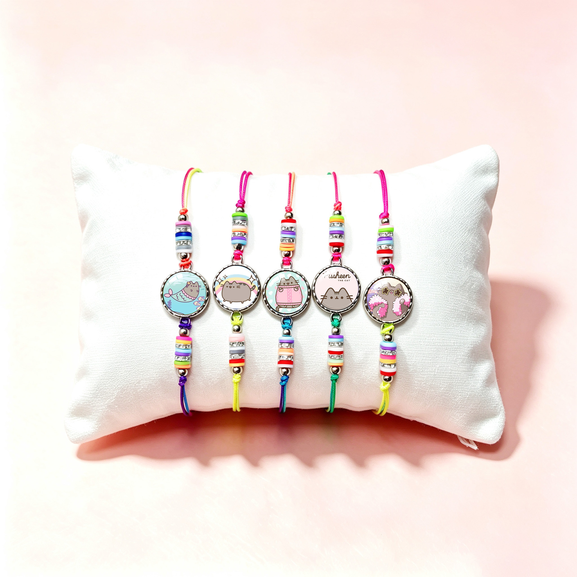Cartoon Pusheen cat-themed time gem colorful soft clay bracelet, multicolored braided cord bracelet, cute and fun hobby