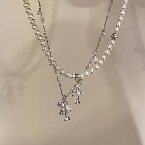 American double-layer ~ Pearl cross hot girl wearing necklaces for women with high-end light luxury niche clavicle chain neckchain trend