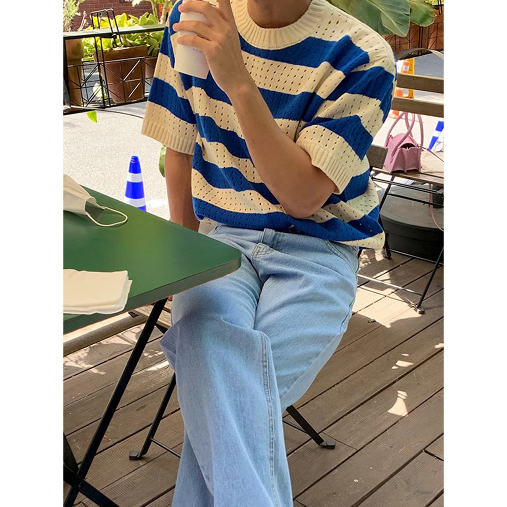 Verano nuevo estilo suéter de manga corta hueco rayas para hombres camiseta casual de negocios delgada de alto nivel comercio exterior al por mayor transfronterizo