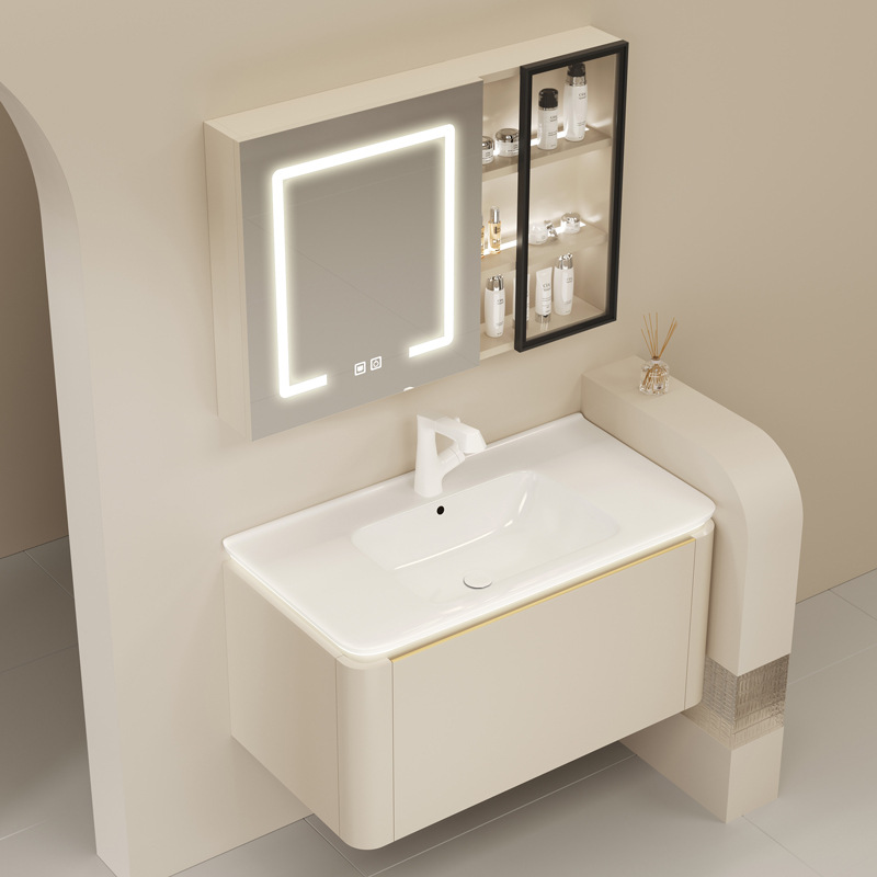 Cerámica integral lavabo moderno simple inodoro de madera sólida gabinete de baño combinación lavabo facial espejo inteligente gabinete lavabo