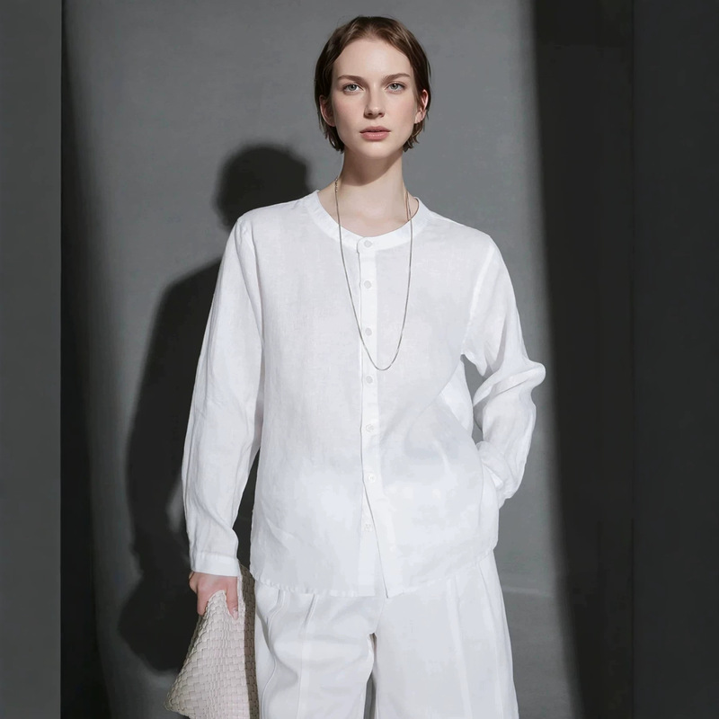 Gentle Linen Round-Neck Shirt with a Round-Neck Design, Lazy Style, Slimming Effect, Suitable for Commuting, Thin and Breathable Linen Shirt