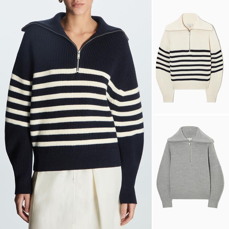 2026 Autumn and Winter New Cross-Border Style Half-Zip Striped Long-Sleeve Sweater for Women, Pullover with a Turn-Down Collar, Lazy Style, Color-Blocking Knitwear 2026 Autumn and Winter New Cross-Border Style Half-Zip Striped Long-Sleeve Sweater for Women, Pullover with a Turn-Down Collar, Lazy Style, Color-Blocking Knitwear