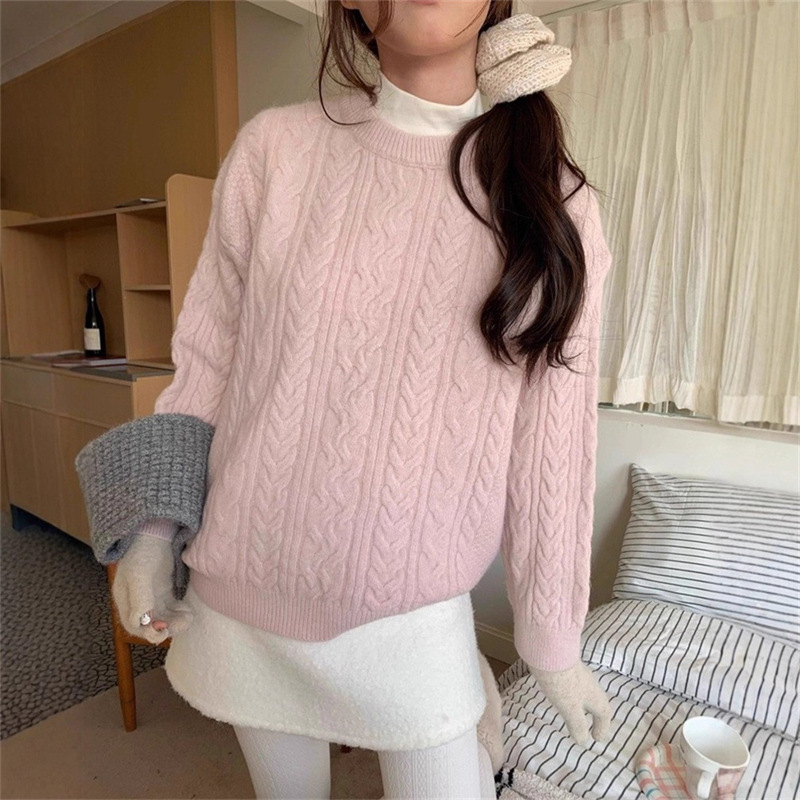 温柔风圆领麻花套头毛衣女装秋冬新款韩系宽松外穿软糯针织衫上衣|undefined