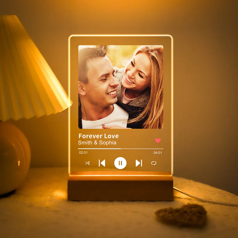 Photo Music Spotify Cover Night Light Engraved Name Song Photo Frame Wooden Base Acrylic Lamp Gift