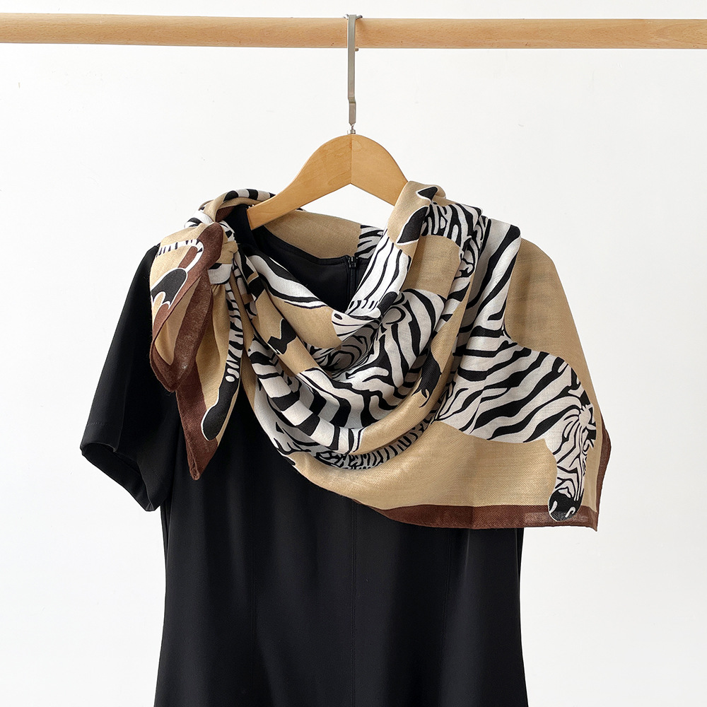 Large 90cm Square Scarf Zebra Print European American Fashion Herringbone Pattern Women's Shawl Retro Headscarf_voghion.com
