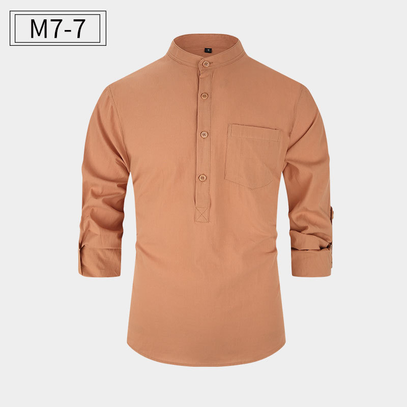 Amazon tamaño europeo camisa de los hombres algodón Henley camisa soporte collar camisa Lino los hombres manga larga fábrica directa en stock camisa