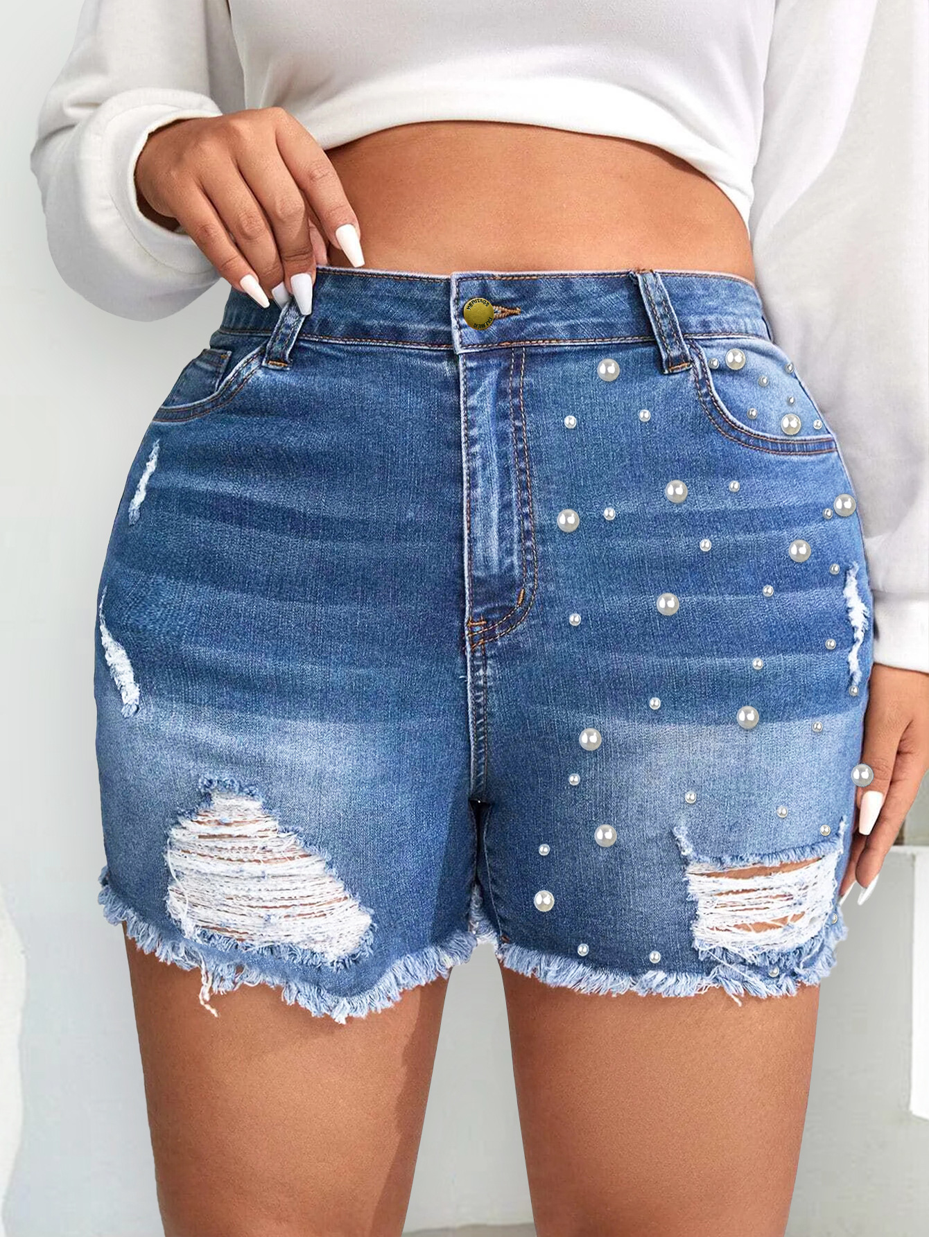 ZZ25058 # ropa de mujer europea y americana ropa de mujer gran perla agujero de clavos de perlas bordes de algodón jeans pantalones calientes mujeres