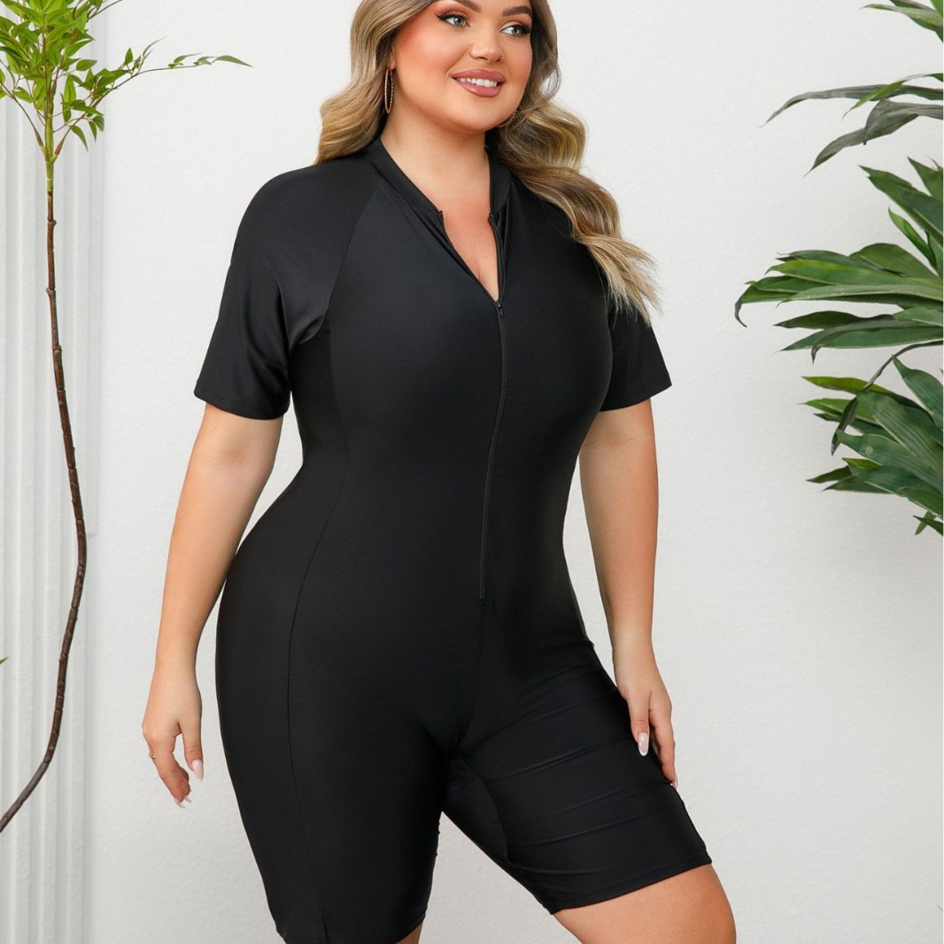 plus size one-piece zipper sports swimsuit women's short-sleeved surfing swimsuit European and American surfing suit flat-rimmed jellyfish suit snorkeling suit