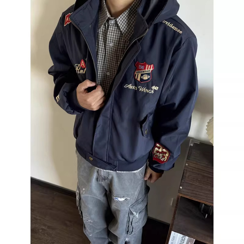 美式hiphop飞行夹克座山雕刺绣夹克棒球服拆卸连帽情侣外套潮