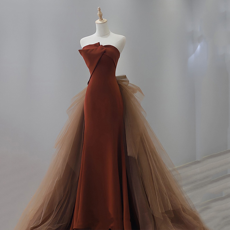 Maillard Color Fishtail Strapless Gown 2026 Summer Engagement Wedding Bride's Toast Dress Female Host Evening Dress Maillard Color Fishtail Strapless Gown 2026 Summer Engagement Wedding Bride's Toast Dress Female Host Evening Dress