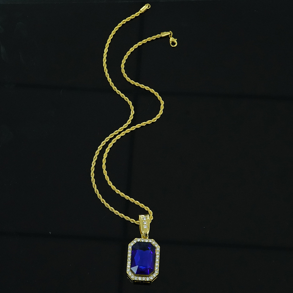 Collar con Colgante Cuadrado de Piedras Preciosas Coloridas Estilo Hip-hop, Estilo Minimalista, Unisex, Cadena para Suéter, Joyería