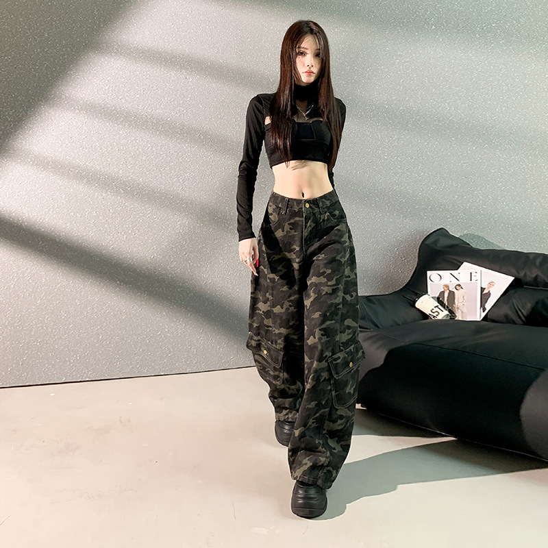 JM2025新款迷彩工装裤多口袋宽松牛仔裤女百搭显瘦迷彩加长牛仔棉
