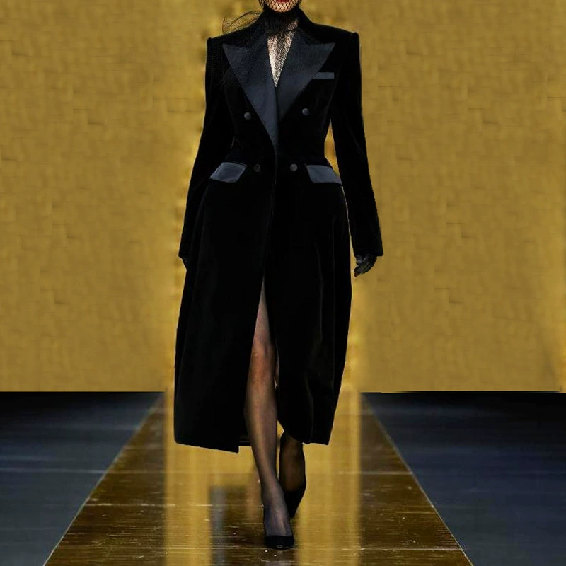 Элитное дизайнерское бархатное пальто 2025 года, новинка в европейском стиле, для знаменитостей, легкое люксовое, элегантное, приталенное, длинное пальто