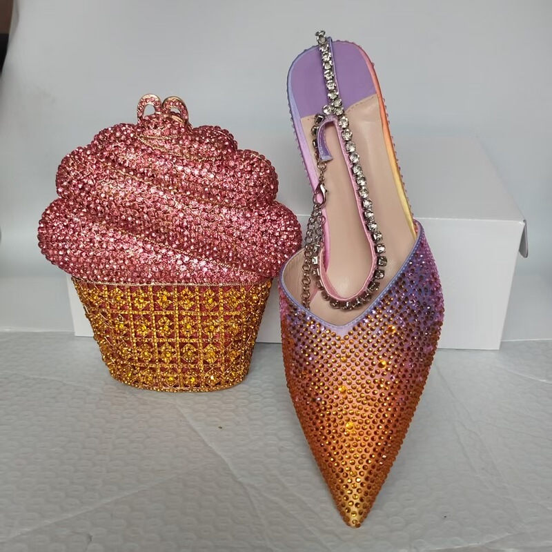 Xiyuan Pointed Toe High Heels Rhinestone Chain Toe Sandals New Fashion Colorful Diamond Pointed Toe Rhinestone Chain Bag