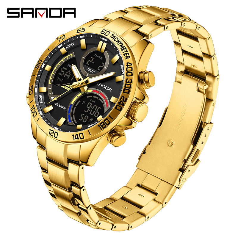 SANDA moda doble pantalla reloj electrónico para hombres multifuncional gran dial reloj de estudiantes de luz nocturna reloj de pulsera