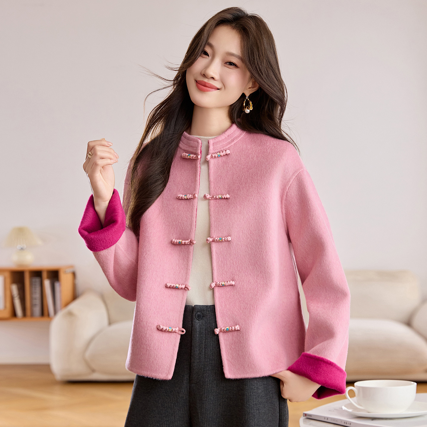 New Chinese Style Pink Double-Sided Woolen Outwear for Women 2025 Autumn and Winter New Short Style Buttoned National Style Woolen Outwear