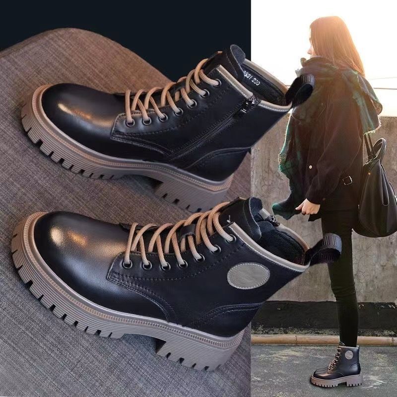 正品厚底粗跟短靴女马丁靴2025秋冬新款韩版增高靴高跟圆头瘦瘦靴