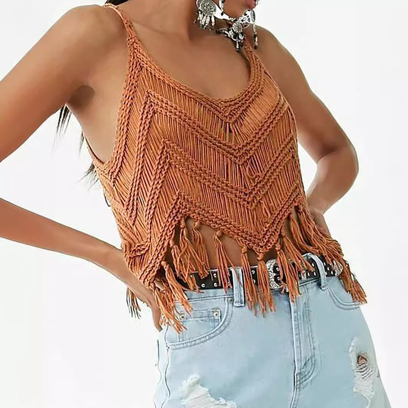 Foreign Trade Cross-Border European and American Amazon Source Manufacturer Women's Knitted Knitwear Tassel Pullover Hollow Beach Style Summer