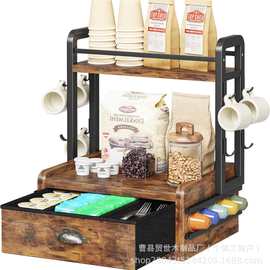 跨境木质咖啡站台茶水间咖啡胶囊茶包储物架挂钩水杯收纳架茶叶架