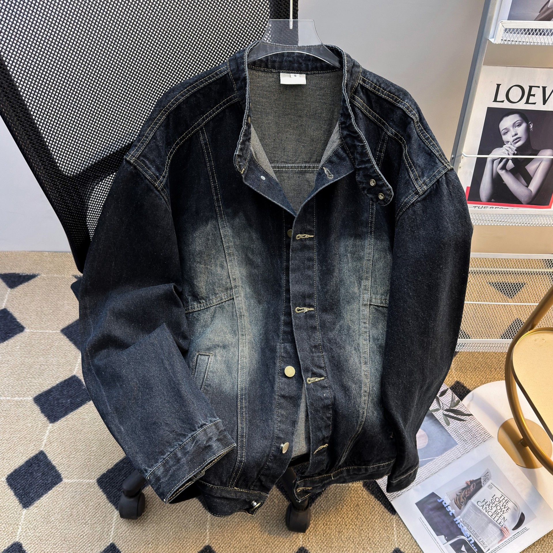 Giacca di jeans retrò per studenti e studentesse, modello ampio casual da strada, giacca unisex con collo alto, alla moda_voghion.com