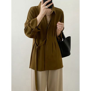 2336 Large Size Women's Clothing Design Sense Long-sleeved Draping Shirt Women's Loose Slimming Lace-up Shirt for Chubby Girls Hong Kong Style Top