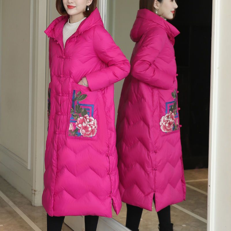 中长款过膝羽绒服女装中国民族风妈妈大码年新款绣花盘扣冬季