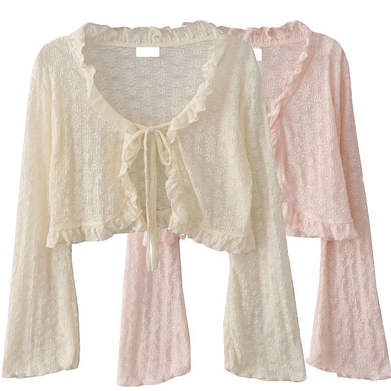 Gentle Style Thin Lace-Up Sun Protection Cardigan for Women Summer New Style Bell-Sleeved Lace Thin Outer Blouse