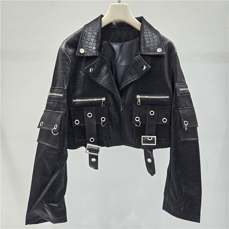 Trendy Women's Short Biker Jacket with Lapel Collar, Multiple Zippers, Utility Pockets, and Patent Pu Leather for Spring and Autumn Trendy Women's Short Biker Jacket with Lapel Collar, Multiple Zippers, Utility Pockets, and Patent Pu Leather for Spring and Autumn