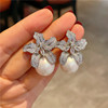 Silver needle, universal earrings floral from pearl, silver 925 sample, diamond encrusted, light luxury style