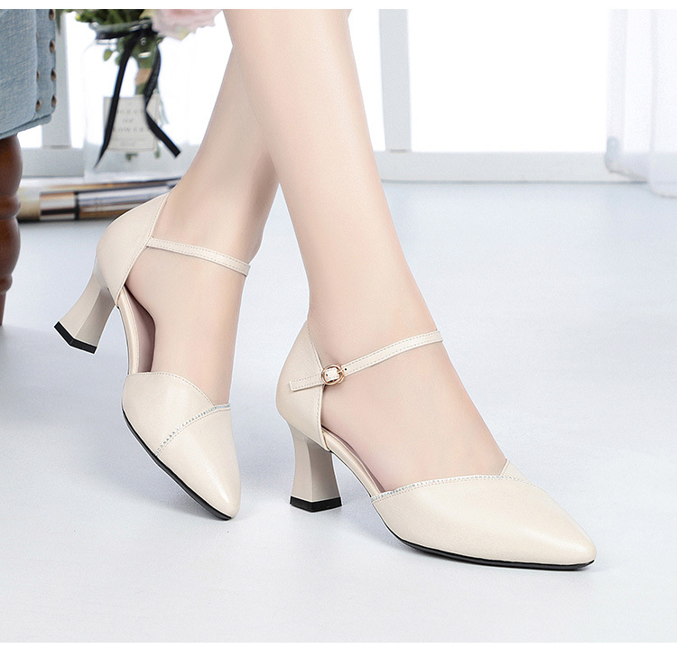 Sandal quai ngang da thật gót vuông mũi nhọn cho nữ, giày cao gót hở mũi kiểu dáng sang trọng — Màu be chi tiết 15