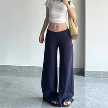 秋冬加绒加厚低腰阔腿休闲裤女藏青色宽松垂感卫裤拖地裤运动裤子