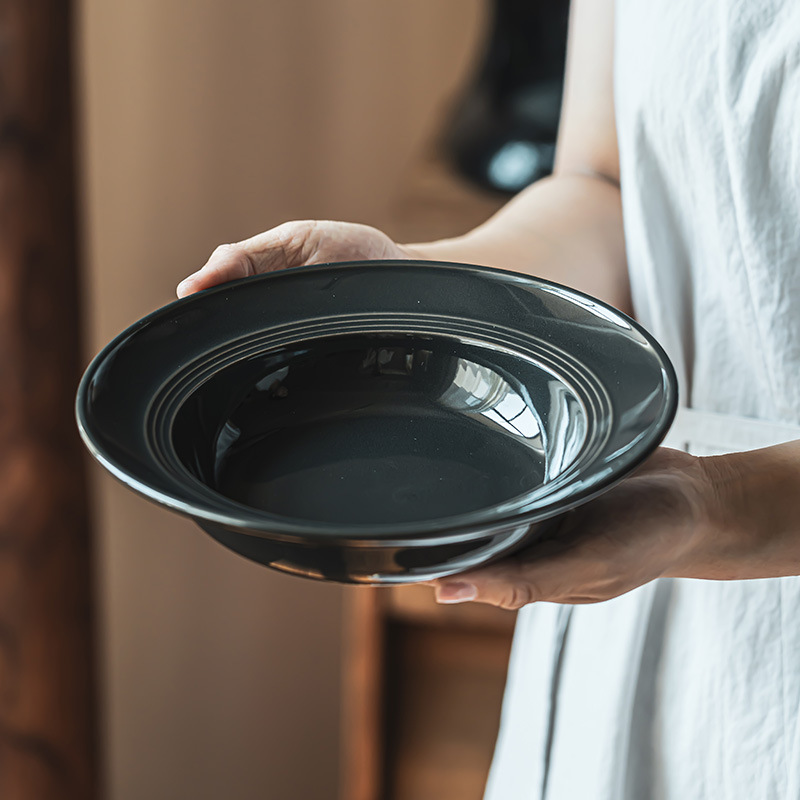 Tazón de cerámica estilo retro de color puro, tipo sombrero de paja, para uso doméstico, para verduras, postres, pasta, comida occidental y sopa, de diseño creativo