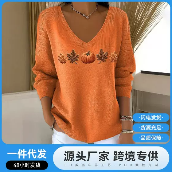 2025外贸跨境独立站新款落肩V领长袖套头3D数码印花女式上衣T恤潮